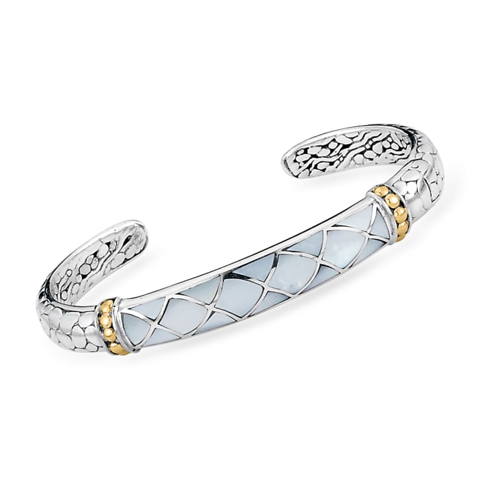 Mother-of-Pearl Bali-Style Cuff Bracelet in Sterling Silver and 18kt Yellow Gold