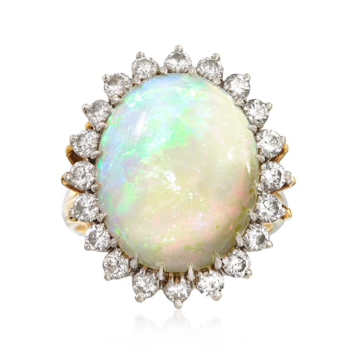 C. 1970 Vintage Oval Cabochon Opal Ring with 1.00 ct. t.w. Diamond Halo in 18kt Yellow Gold