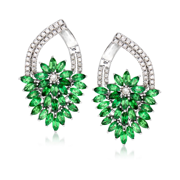 5.00 ct. t.w. Tsavorite and .67 ct. t.w. Diamond Floral Drop Earrings in 14kt White Gold