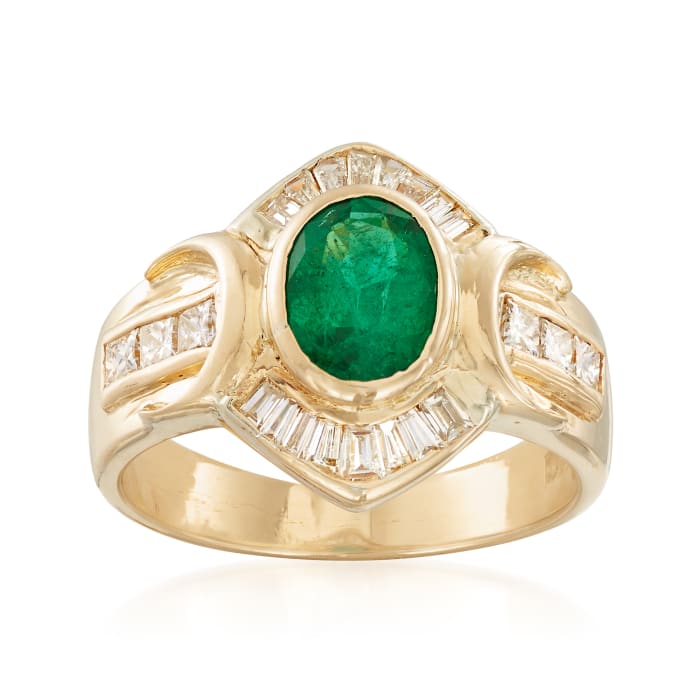 C. 1990 Vintage 1.05 Carat Emerald and .80 ct. t.w. Diamond Ring in 14kt Yellow Gold