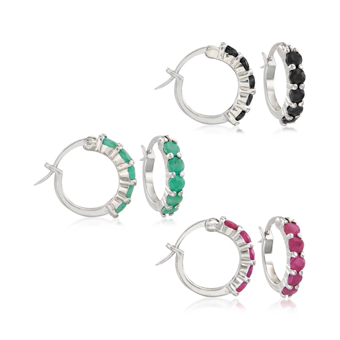 2.60 ct. t.w. Multi-Stone and Sterling Silver Jewelry Set: Three Pairs of Huggie Hoop Earrings