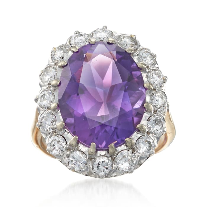 C. 1980 Vintage 7.50 Carat Amethyst and 1.45 ct. t.w. Diamond Ring in 14kt Yellow Gold