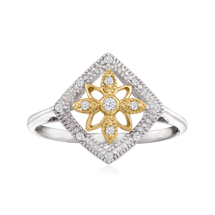 .10 ct. t.w. Diamond Floral Openwork Ring in Sterling Silver and 14kt Yellow Gold