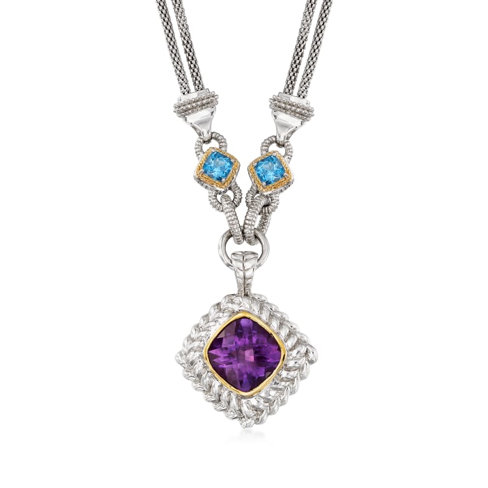 6.25 ct. Amethyst and 5.00 ct. t.w. Blue Topaz Double Strand Necklace in Sterling Silver and 14kt Yellow Gold