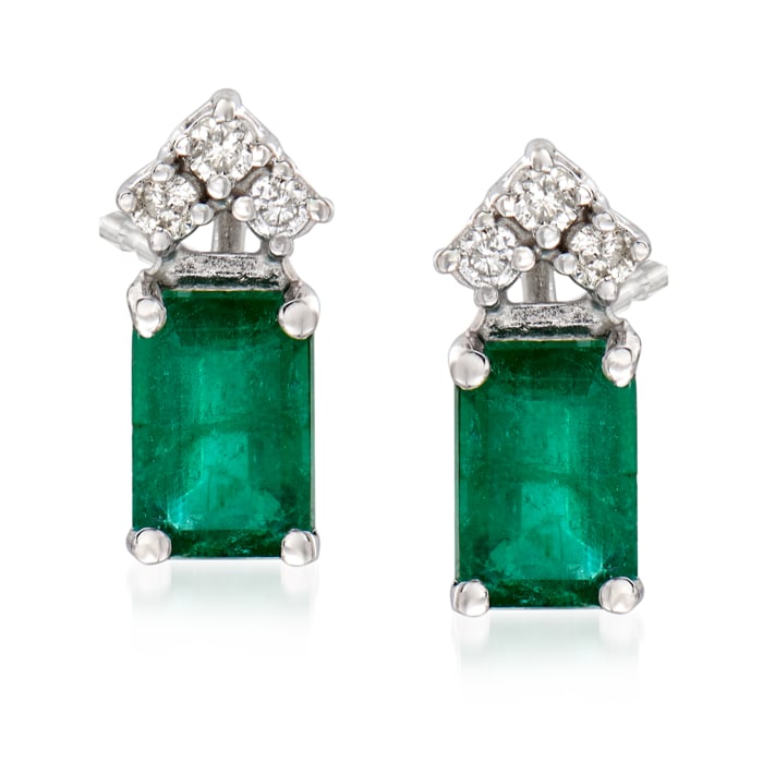 1.00 ct. t.w. Emerald and .10 ct. t.w. Diamond Stud Earrings in 14kt White Gold