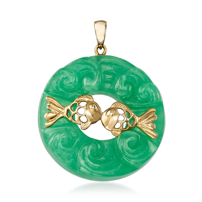 30mm Carved Jade with Kissing Fish Pendant in 14kt Yellow Gold
