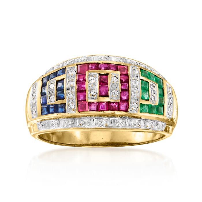 C. 1980 Vintage .95 ct. t.w. Multi-Gemstone Ring with .20 ct. t.w. Diamonds in 14kt Yellow Gold