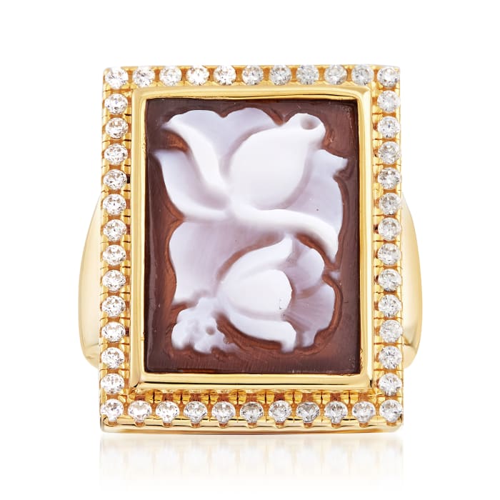 Italian Shell Flower Cameo and .70 ct. t.w. CZ Ring in 14kt Yellow Gold Over Sterling Silver