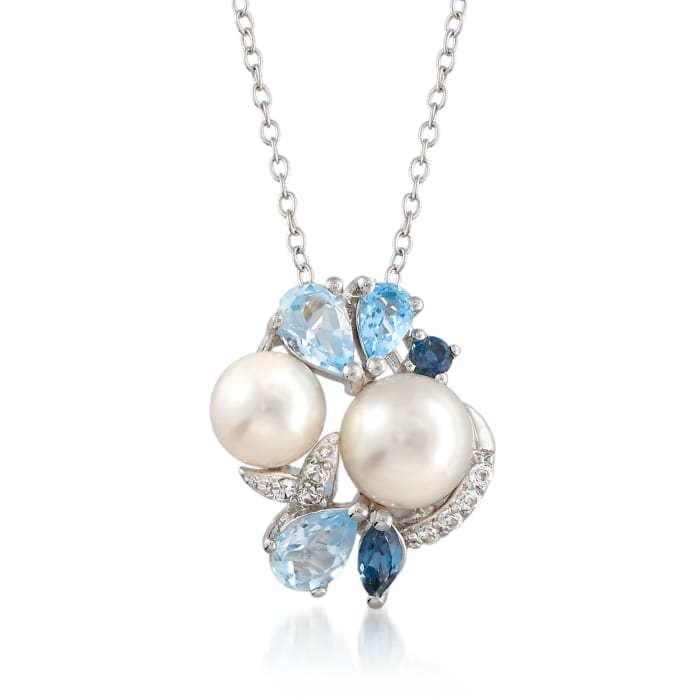6.5-8mm Cultured Pearl and 1.58 ct. t.w. Multi-Gemstone Cluster Pendant Necklace in Sterling Silver