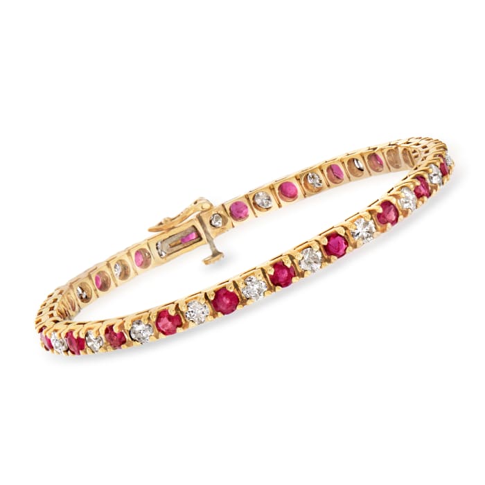 C. 1980 Vintage 4.20 ct. t.w. Ruby and 3.50 ct. t.w. Diamond Line Bracelet in 14kt Yellow Gold
