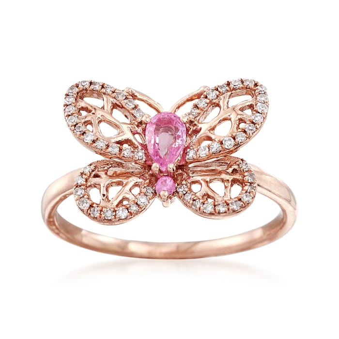 .22 ct. t.w. Pink Sapphire and .15 ct. t.w. Diamond Butterfly Ring in 14kt Rose Gold