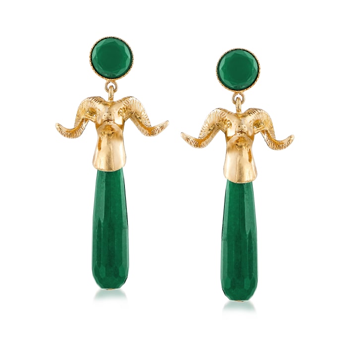Italian Green Agate Ram's Head Drop Earrings in 18kt Gold Over Sterling