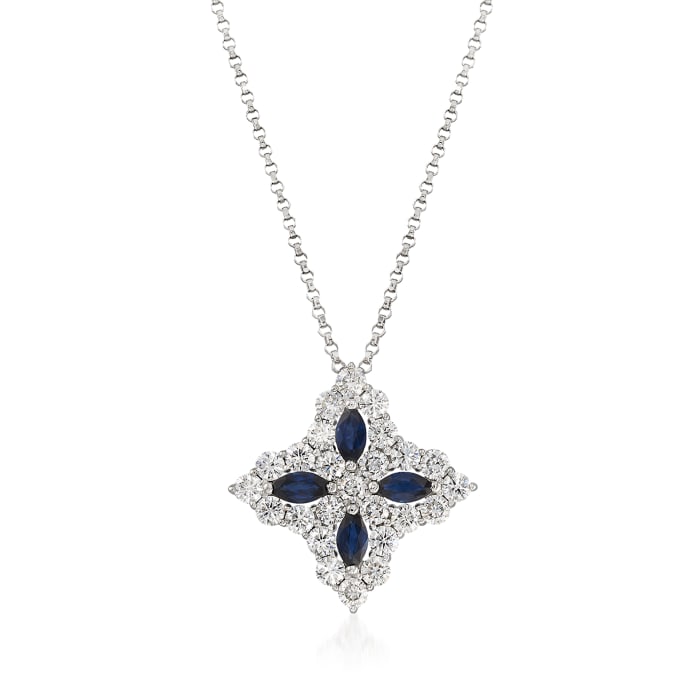 Roberto Coin &quot;Princess Flower&quot; 1.23 ct. t.w. Diamond and .65 ct. t.w. Sapphire Large Flower Pendant Necklace in 18kt White Gold