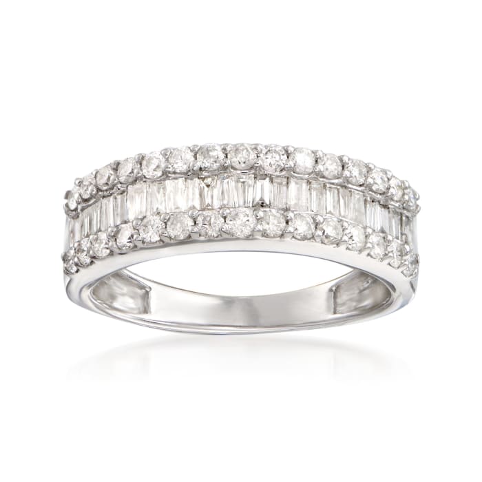 1.00 ct. t.w. Baguette and Round Diamond Three-Row Ring in 14kt White Gold
