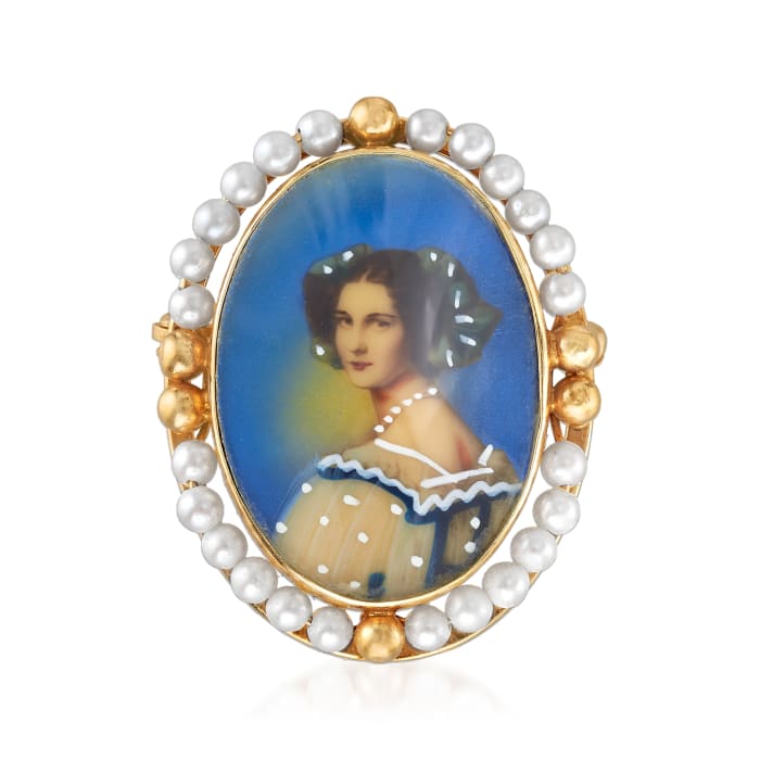 C. 1940 Vintage 2mm Cultured Pearl and Painted Woman Pin in 14kt Yellow Gold