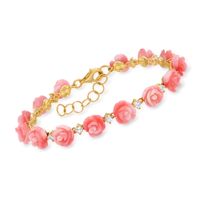 Pink Coral and 1.40 ct. t.w. White Topaz Rose Bracelet in 18kt Gold Over Sterling