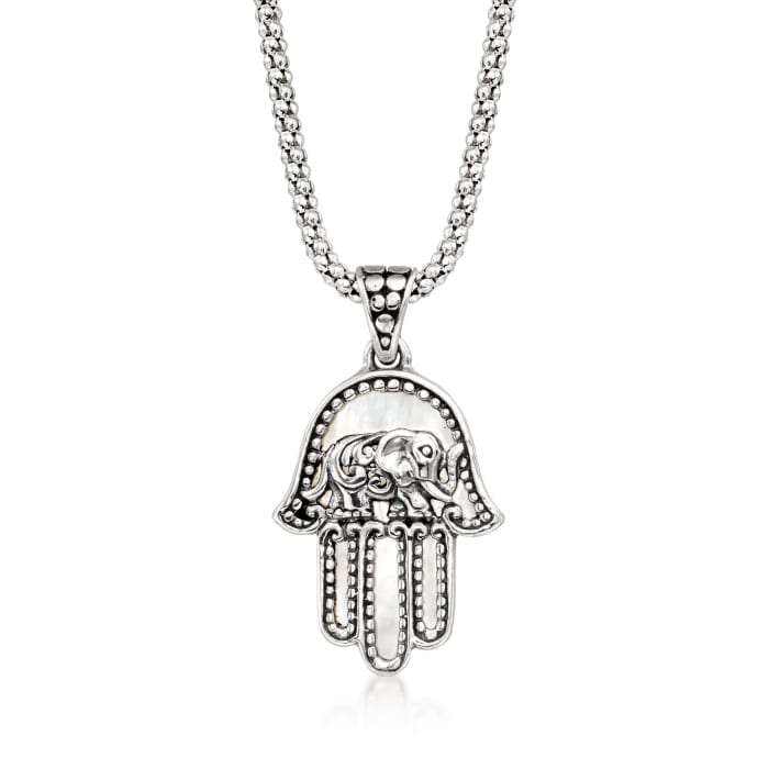 Mother-of-Pearl Bali-Style Hamsa Pendant Necklace in Sterling Silver.18-inch