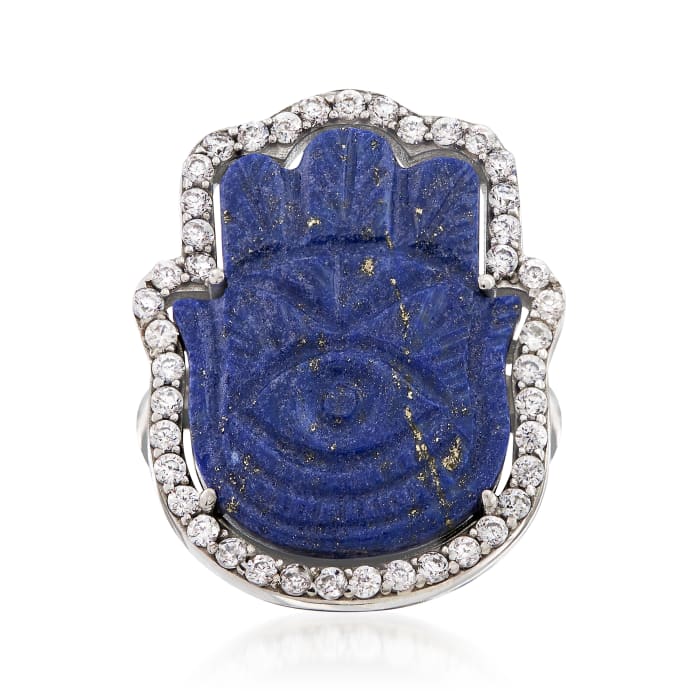 Lapis and .90 ct. t.w. White Zircon Hamsa Ring in Sterling Silver
