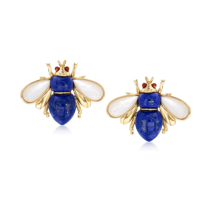 Mother-of-Pearl, Lapis and .10 ct. t.w. Garnet Bug Earrings in 14kt Yellow Gold