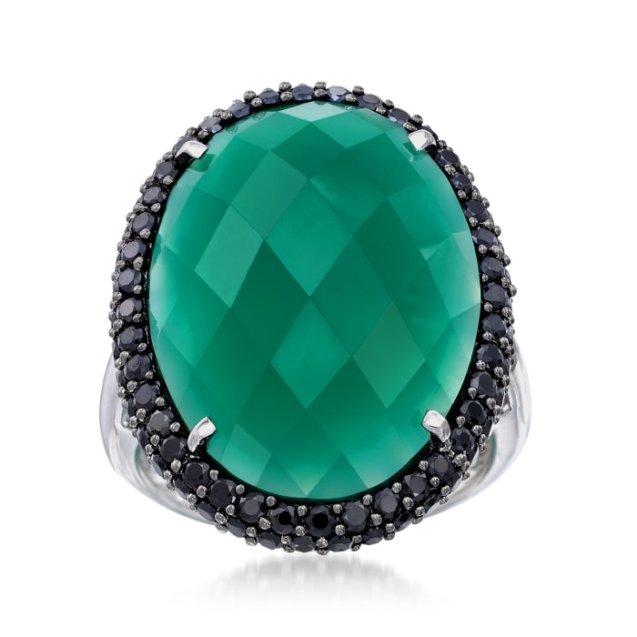 Green Chalcedony and 1.50 ct. t.w. Black Spinel Ring in Sterling Silver