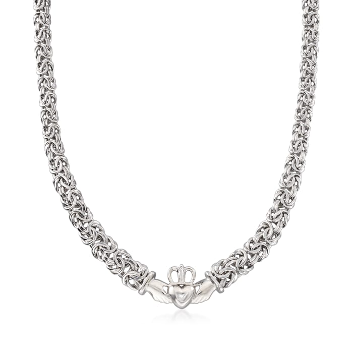 Sterling Silver Byzantine-Link Claddagh Necklace