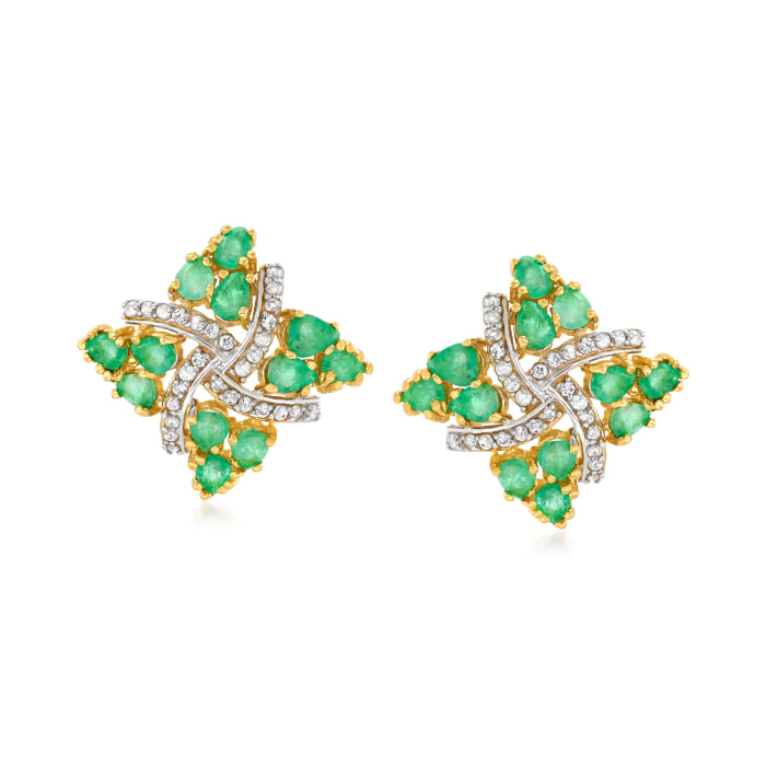 3.50 ct. t.w. Emerald and .25 ct. t.w. White Zircon Pinwheel Stud Earrings in 18kt Gold Over Sterling
