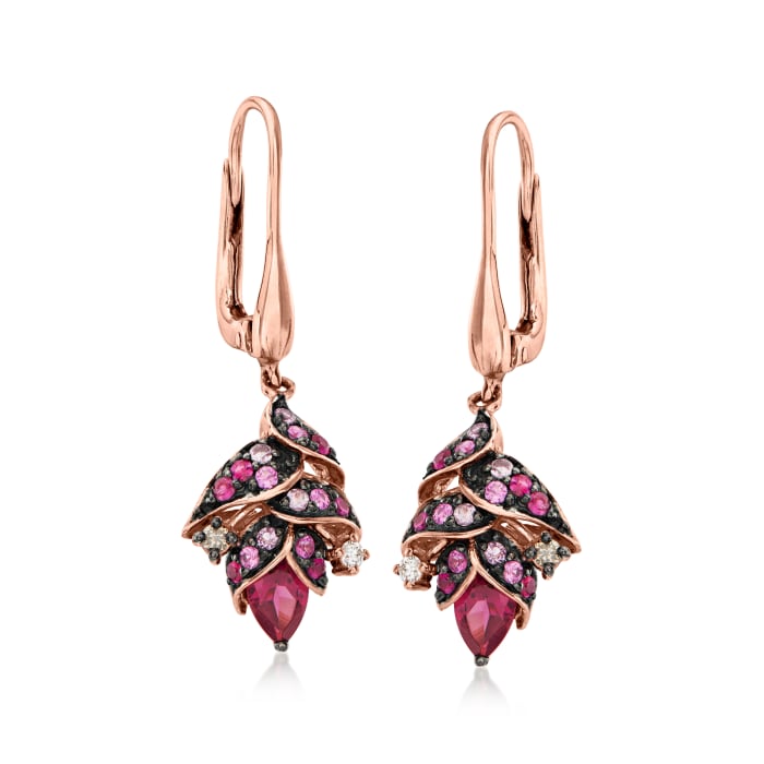 Le Vian .80 ct. t.w. Raspberry Rhodolite and .40 ct. t.w. Bubble Gum Pink Sapphire Floral Drop Earrings with Chocolate and Vanilla Diamond Accents in 14kt Strawberry Gold