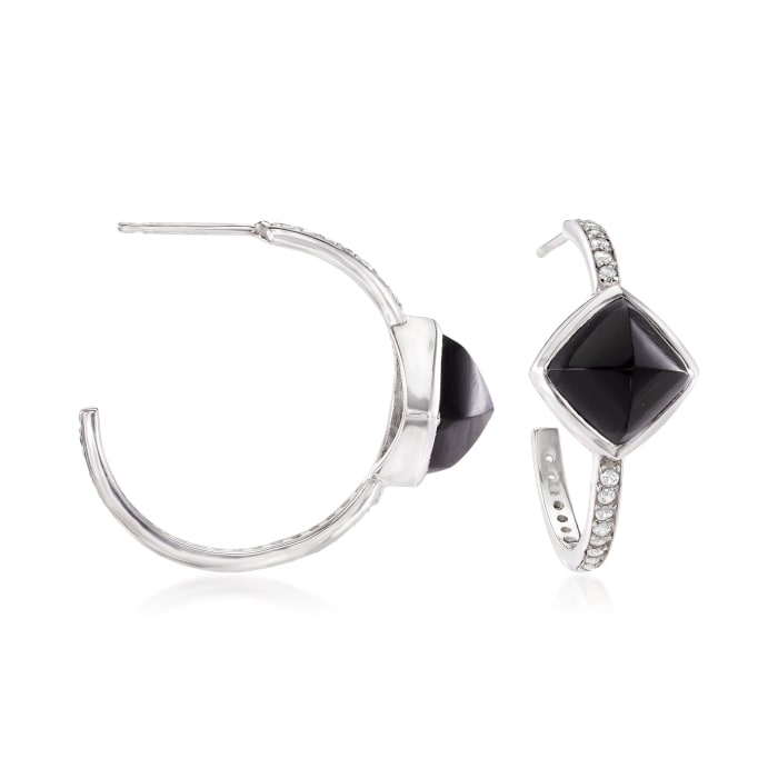 Black Onyx and .50 ct. t.w. White Topaz C-Hoop Earrings in Sterling Silver