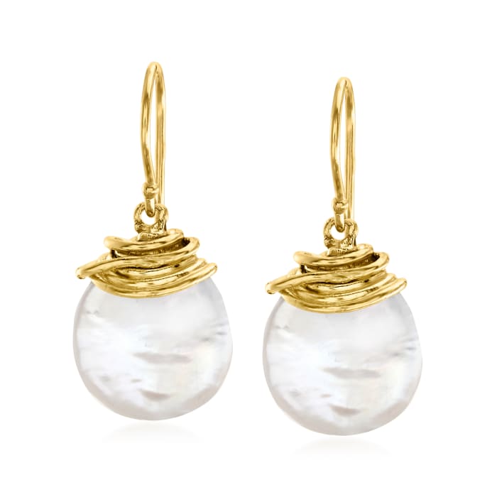 12-13mm Cultured Coin Pearl Drop Earrings in 18kt Gold Over Sterling ...