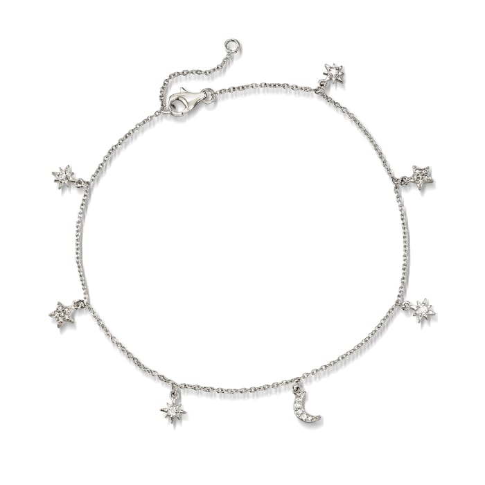 .23 ct. t.w. CZ Sun and Moon Charm Anklet in Sterling Silver