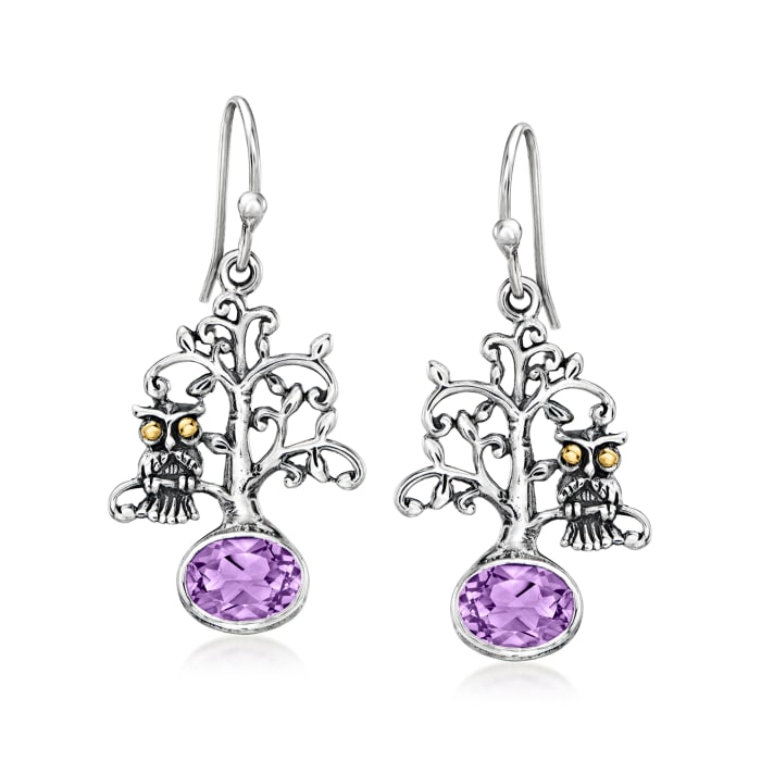 Bali-Style Owl on Tree Drop Earrings in Sterling Silver with 18kt Yellow Gold