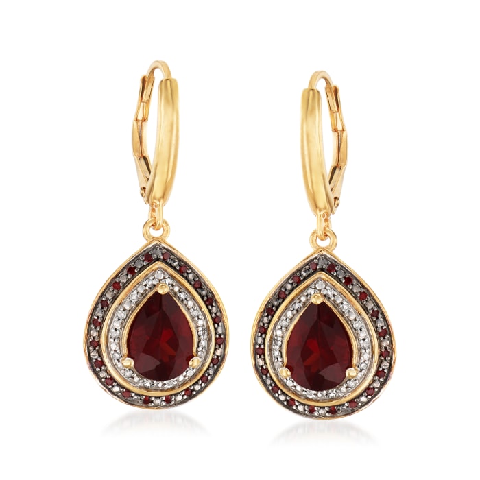 2.60 ct. t.w. Garnet and .20 ct. t.w. Red and White Diamond Drop Earrings in 18kt Gold Over Sterling