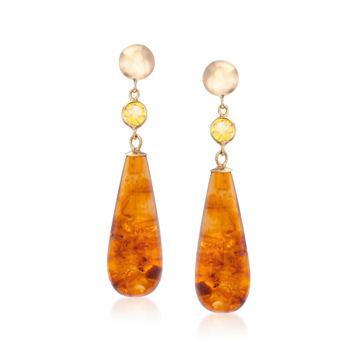 13.00 ct. t.w. Amber Teardrop Earrings with Citrine Accents in 14kt Yellow Gold | Ross-Simons