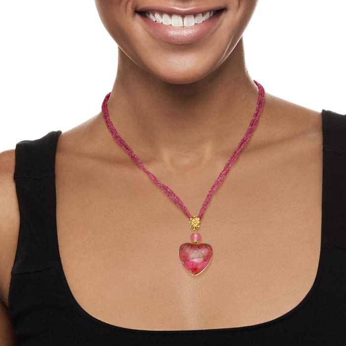 Italian 3.80 Carat Rose Quartz Bead and Glass Heart Necklace with Dried Flowers in 18kt Gold Over Sterling 18-inch