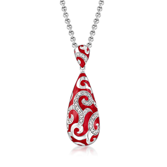 Belle Etoile &quot;Royale&quot; Red Enamel and .27 ct. t.w. CZ Pendant in Sterling Silver