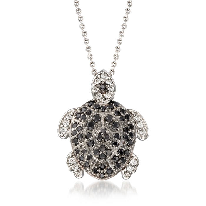 .50 ct. t.w. Black Spinel and .19 ct. t.w. White Zircon Turtle Pendant Necklace in Sterling Silver