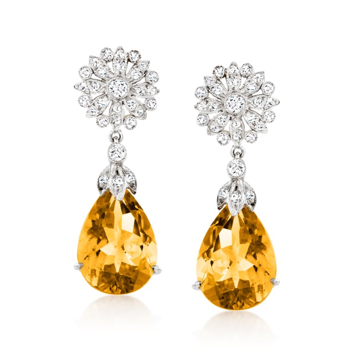 C. 1990 Vintage 10.00 ct. t.w. Citrine and .70 ct. t.w. Diamond Floral Drop Earrings in 18kt White Gold