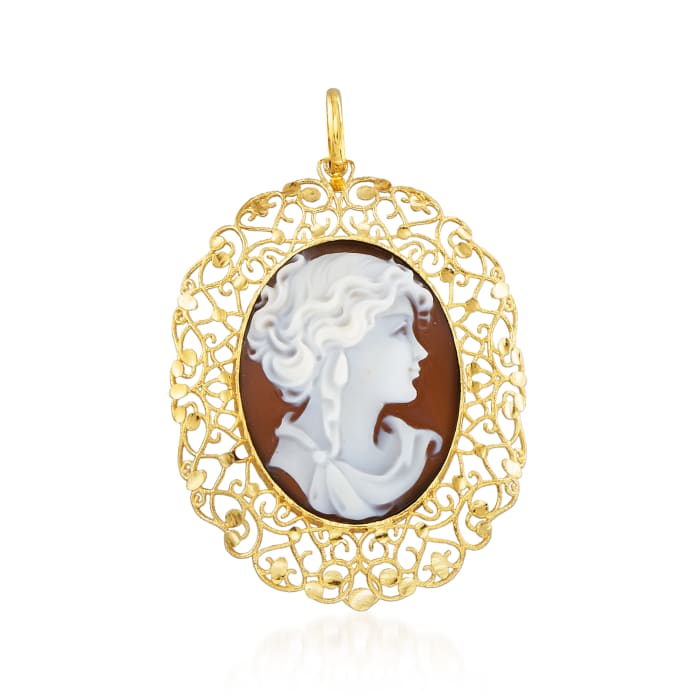 Italian Brown Shell Cameo Pendant in 14kt Yellow Gold