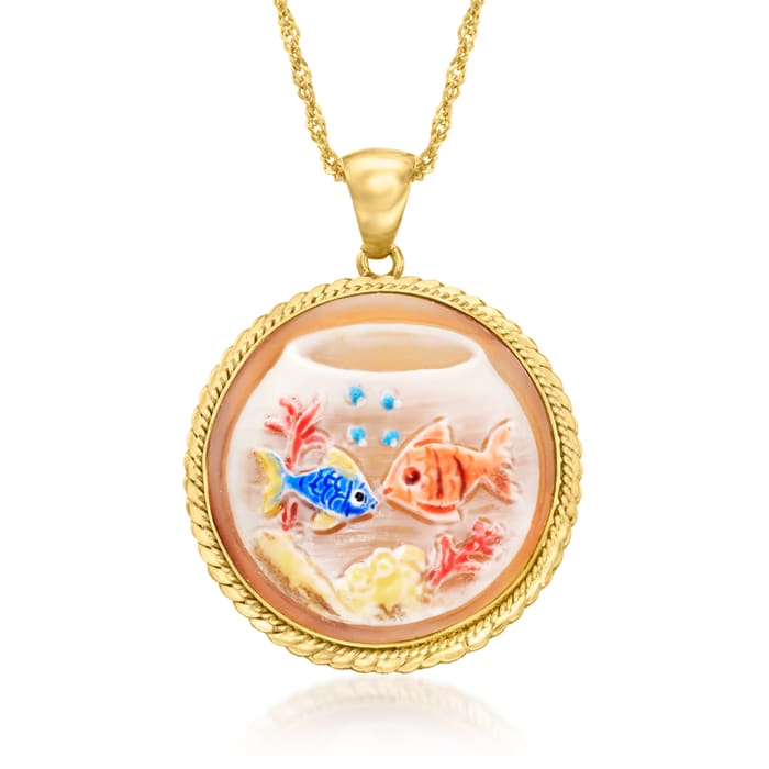 Italian Brown Shell Cameo Fish Bowl Pendant Necklace in 18kt Gold Over Sterling