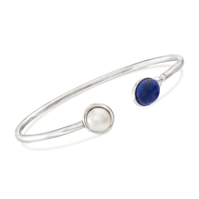 Lapis and 8-8.5mm Cultured Pearl Open-Front Cuff Bracelet in Sterling Silver