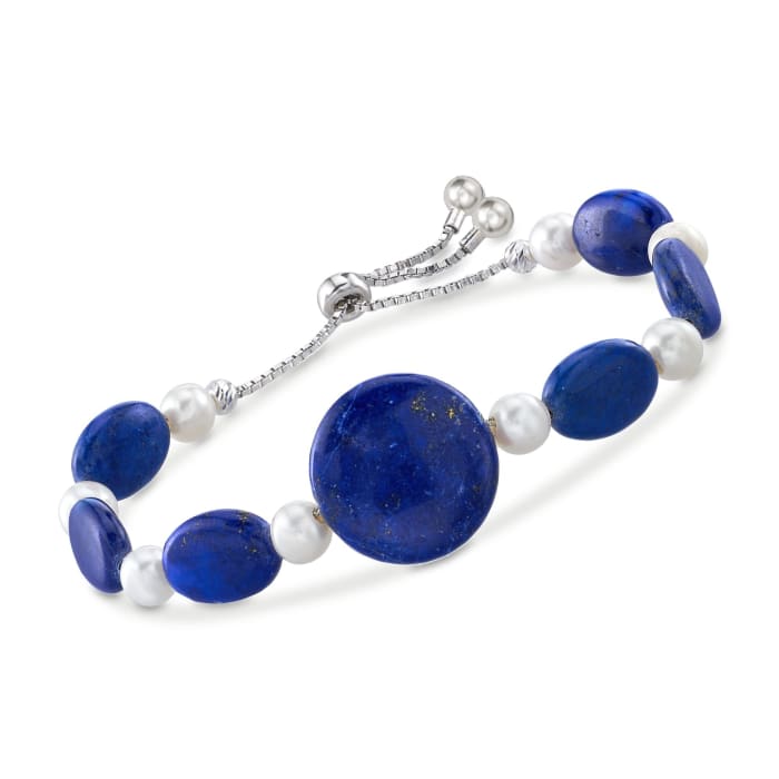 Lapis and 6.5-7mm Cultured Pearl Bolo Bracelet in Sterling Silver