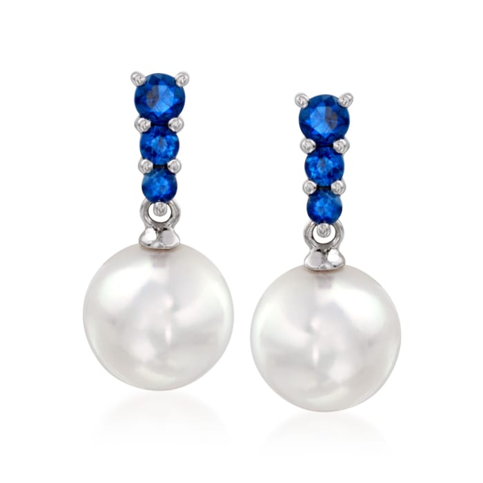 Mikimoto 8mm 'A' Akoya Pearl and .30 ct. t.w. Sapphire Earrings in 18kt White Gold