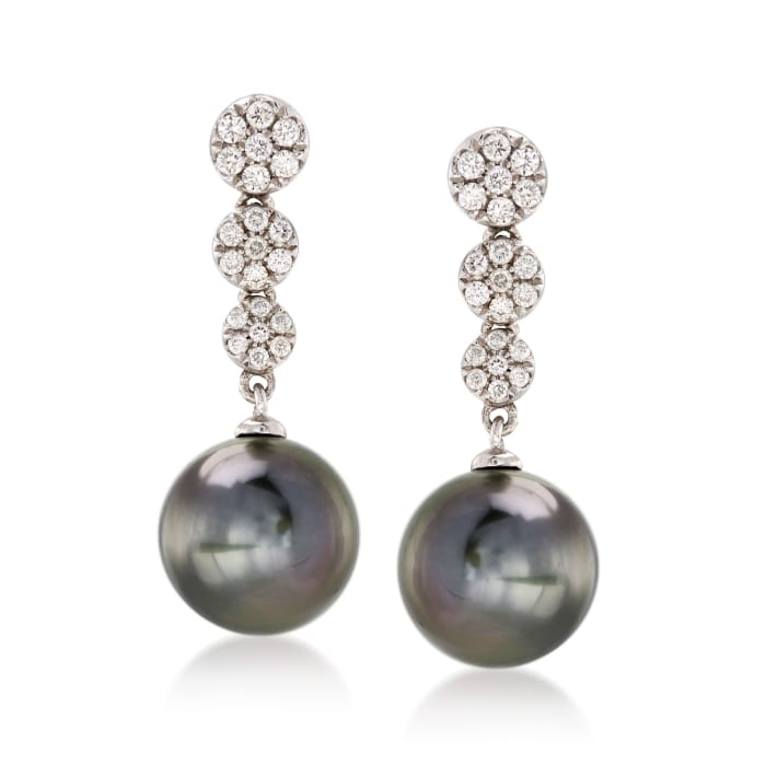 9-9.5mm Black Cultured Tahitian Pearl and .25 ct. t.w. Diamond Drop Earrings in 14kt White Gold