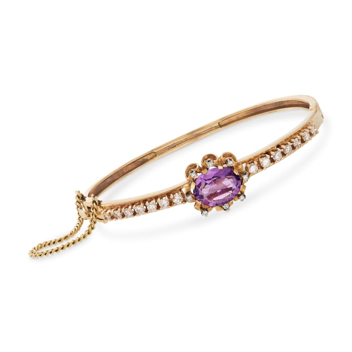 C. 1960 Vintage 4.10 Carat Amethyst and 1.25 ct. t.w. Diamond Bangle Bracelet in 14kt Yellow Gold
