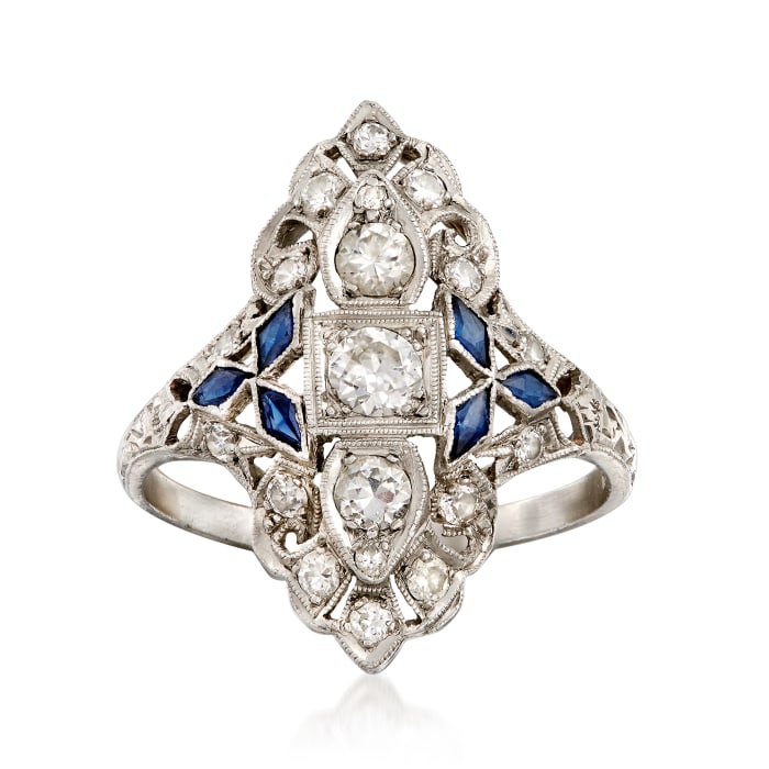 C. 1980 Vintage .75 ct. t.w. Diamond and .25 ct. t.w. Synthetic Sapphire Dinner Ring in Platinum