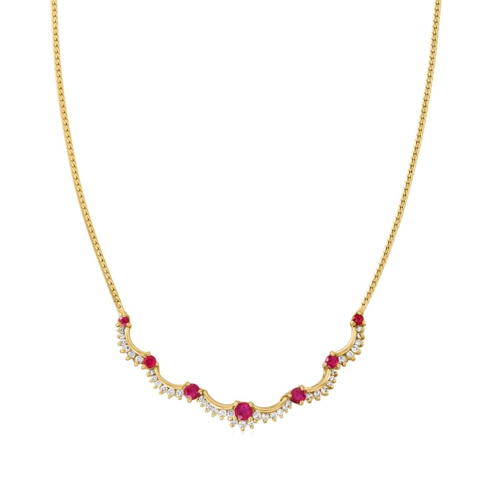 C. 1980 Vintage 1.50 ct. t.w. Ruby and .60 ct. t.w. Diamond Scalloped Necklace in 14kt Yellow Gold