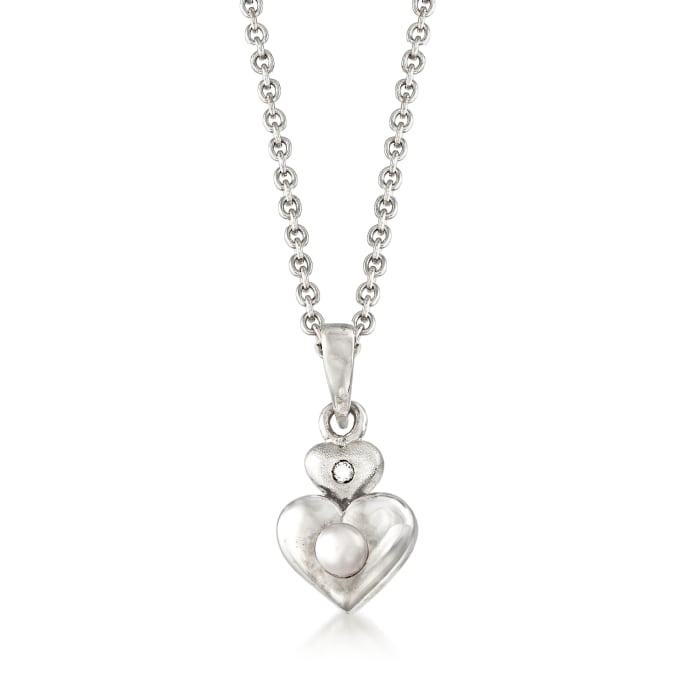 Baby's 2.5-3mm Cultured Pearl Double Heart Pendant Necklace with Diamond Accent in Sterling Silver