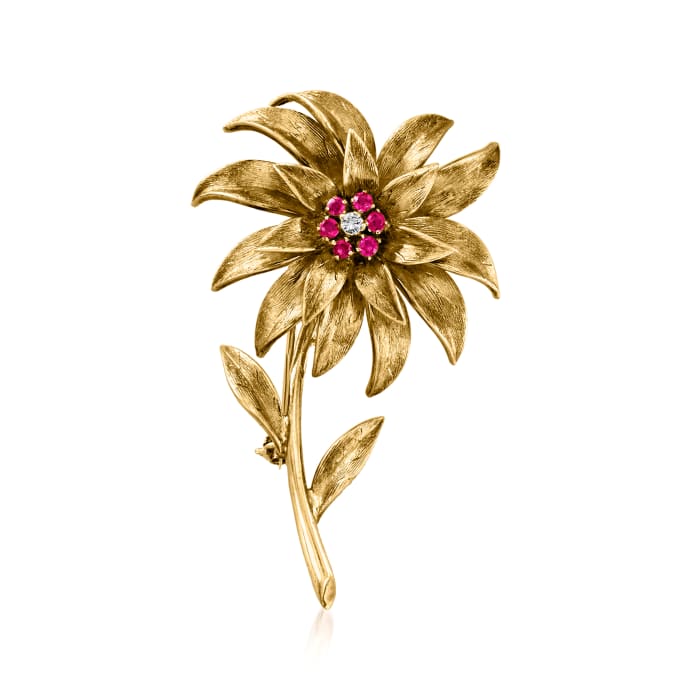 C. 1970 Vintage Tiffany Jewelry .40 ct. t.w. Ruby Flower Pin with Diamond Accent in 18kt Yellow Gold