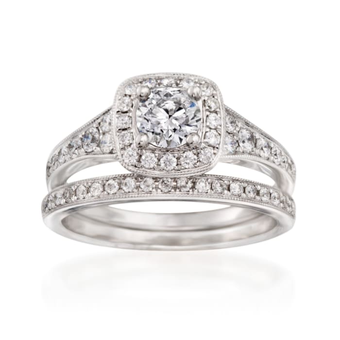 1.13 ct. t.w. Diamond Bridal Set: Square Halo Engagement and Wedding Rings in 14kt White Gold