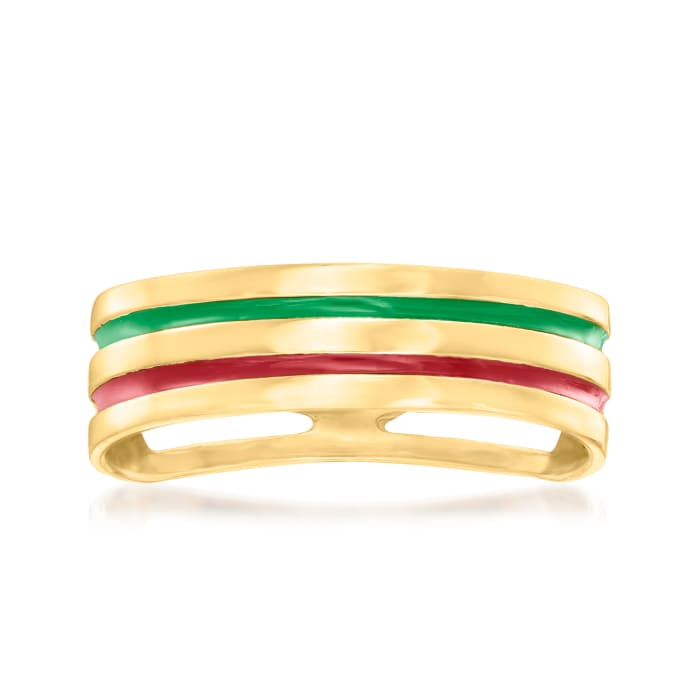 Italian Red and Green Enamel Striped Ring in 14kt Yellow Gold